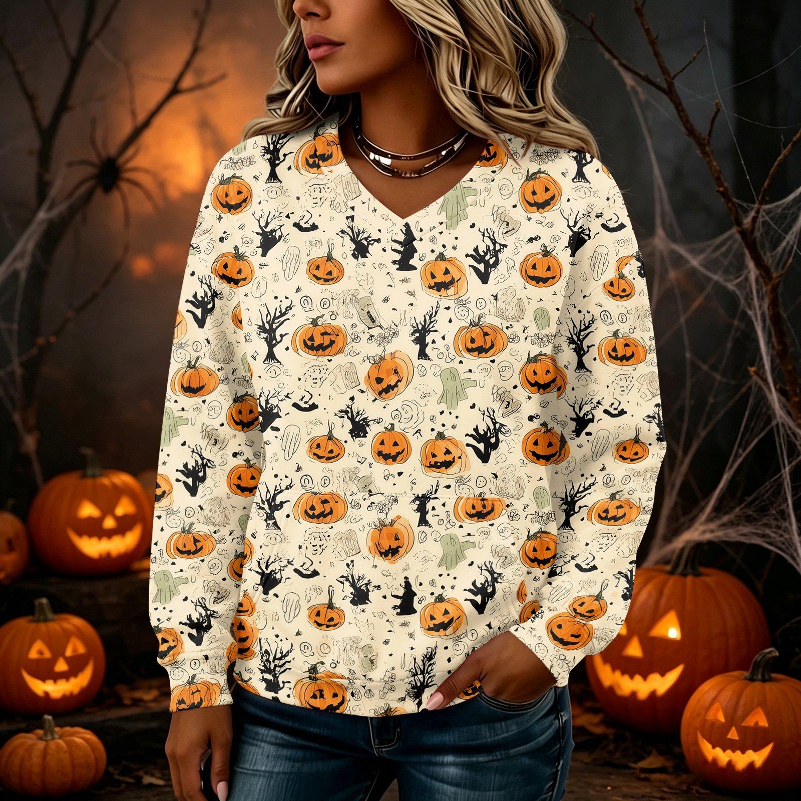 Women s Casual Halloween Print V-Neck Long Sleeve Lightweight Pullover Sweatshirt with Pockets S