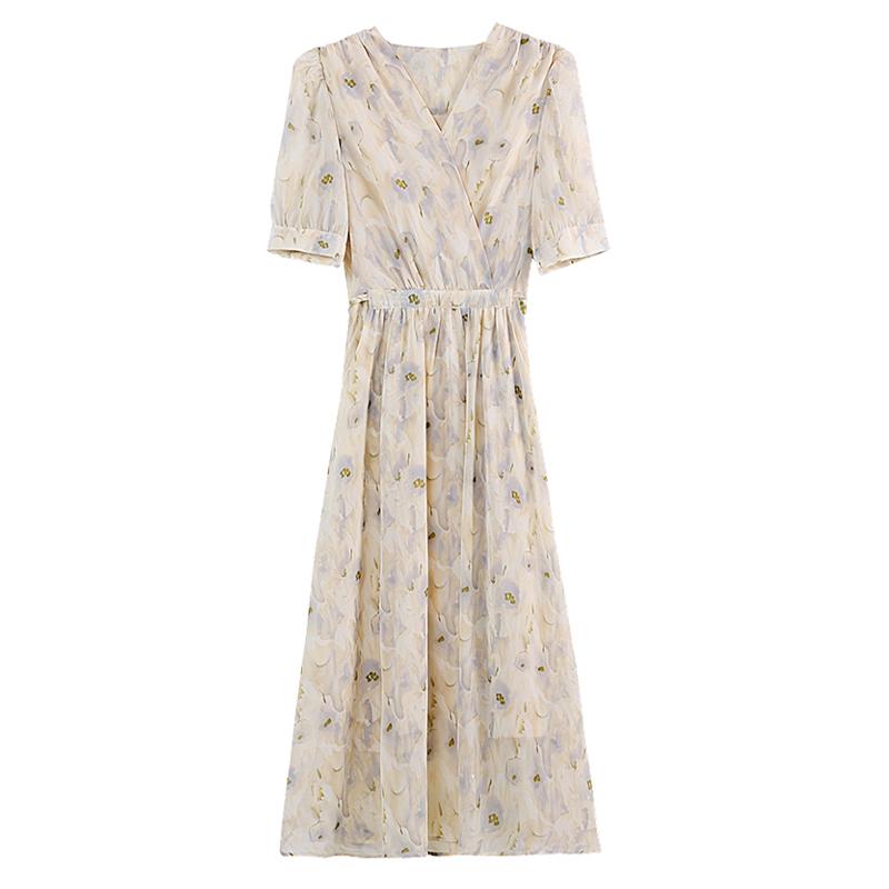 French Style Floral Dress Women Summer Long V Neck Slim Fit Elegant Tea Dress Flowy Long Dress