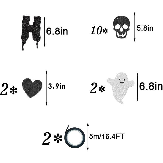 Halloween Birthday Party Decorations - Black Glitter Happy Birthday Banner with Black Heart Skull Garland