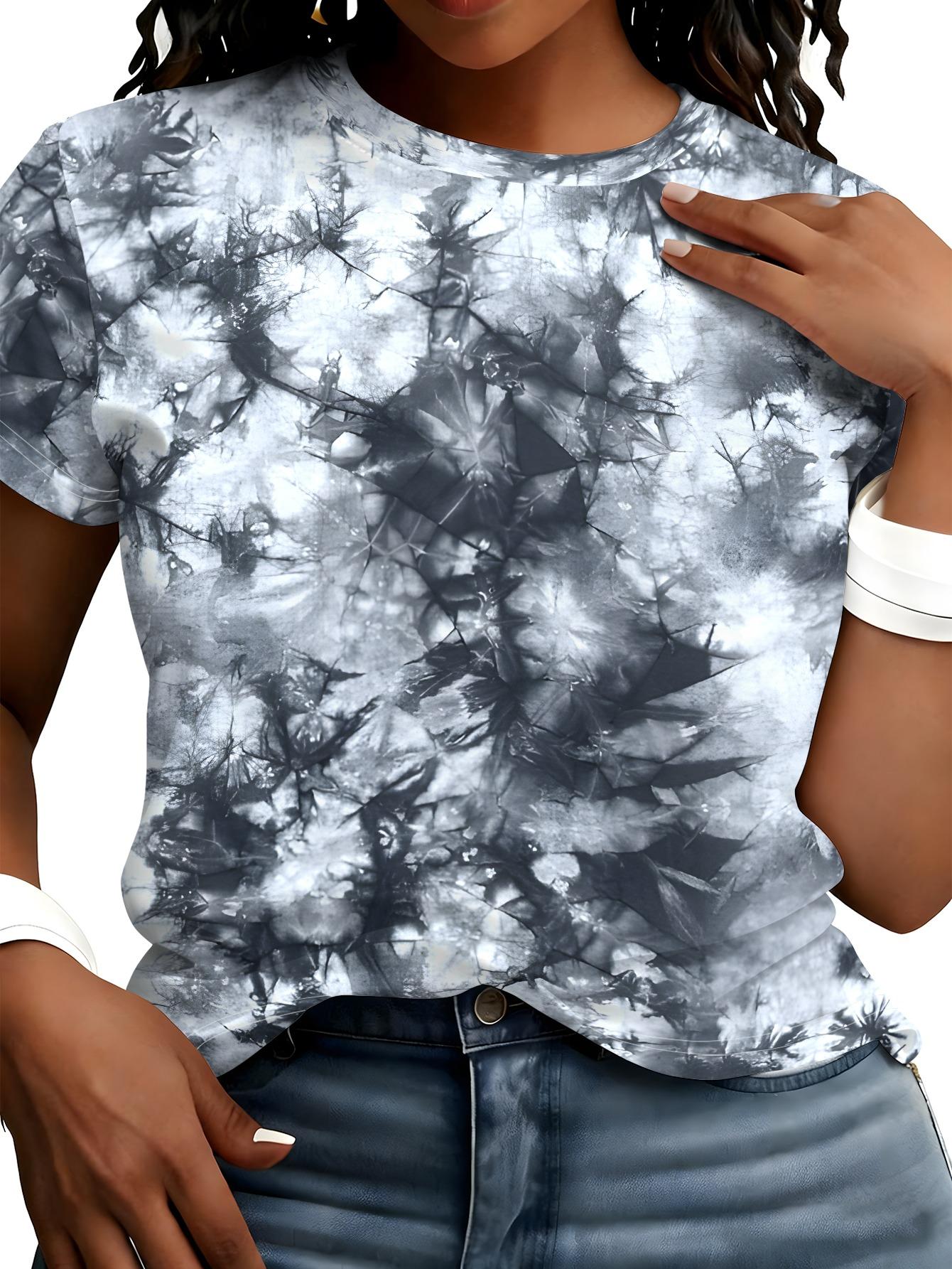 

[Printed Design- No Texture] Gray-Black-White Ice Crack Tie-Dye T-Shirt Vintage Distressed Ink-Style Full-Print Short-Sleeve Top 3XL дубильная кора