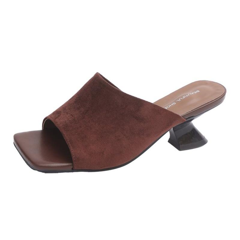Summer Women Slippers Cow Suede Leather Shoes for Women Square Toe Strange Heel Shoes Black Sandals Concise Modern Slippers