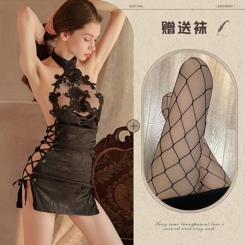 Sexy Lingerie Cheongsam Seduction Passion Hollow Strap High Split Fork Free Uniform Set
