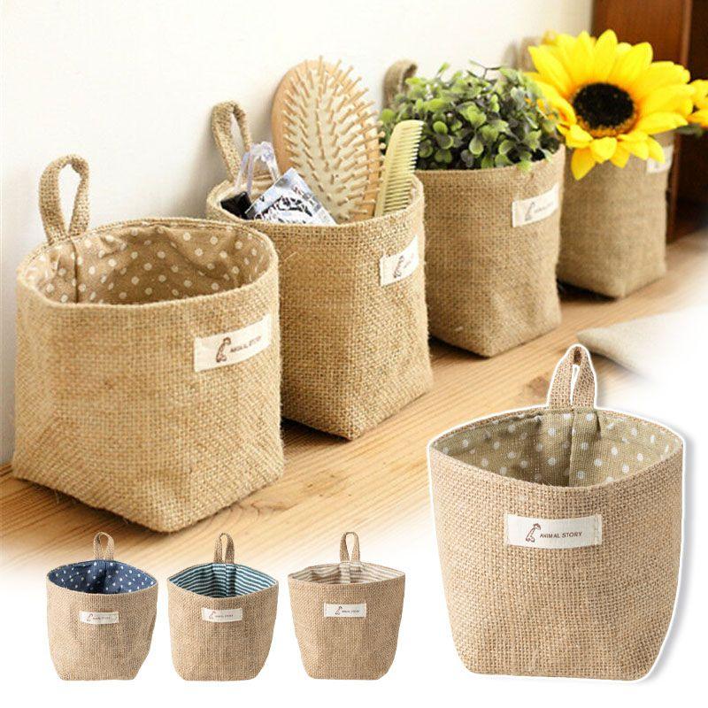Linen Cotton Hanging Mini Storage Basket Home Kid Toy Sundries Bag Box Organizer