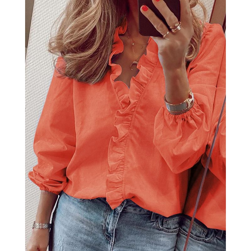 Long-Sleeved Ruffled Shirt for Women Long Sleeves Ruffles V-neck Shirt Shirt