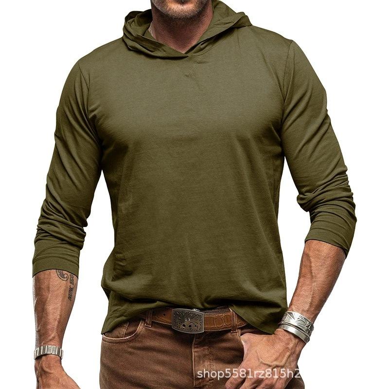 Men's Autumn Winter Solid Color Long Sleeve T-Shirt Pure Cotton Hooded Base Shirt Outdoor Top Basic Style