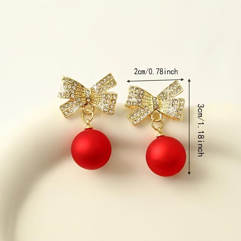 Valentine'S Day Red Faux Pearl Pendant Exquisite Bow Design Shiny Zirconia Inlaid Dangle Earrings Elegant Simple Style Delicate Female Earrings