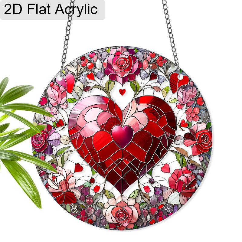 Acrylic Heart & Roses Suncatcher, Stained Glass Effect Window Hanging Ornament for Love & Valentine's Day Lover Gifts