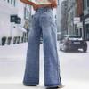 Calças de Sarja com Fenda Novo Estilo Outono, Calças Jeans Retrô de Cintura Alta com Botões e Pernas Largas para Mulheres