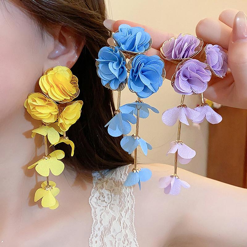 Sommer Chiffon Blumen Quasten Ohrringe für Frauen Urlaubsstil Übertrieben Süße Hängeohrringe Schmuck Accessoires Geschenke