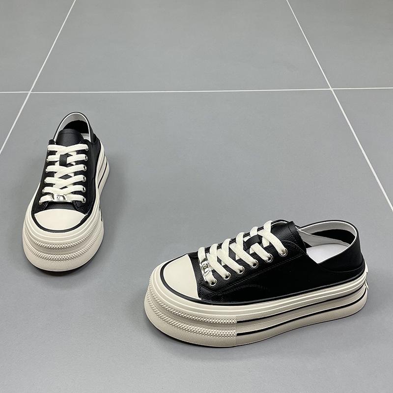 Genuine Leather Two-Way White Shoes Women's Summer New Thick Sole Increased Round Head Leisure Sports All-Matching Board Shoes