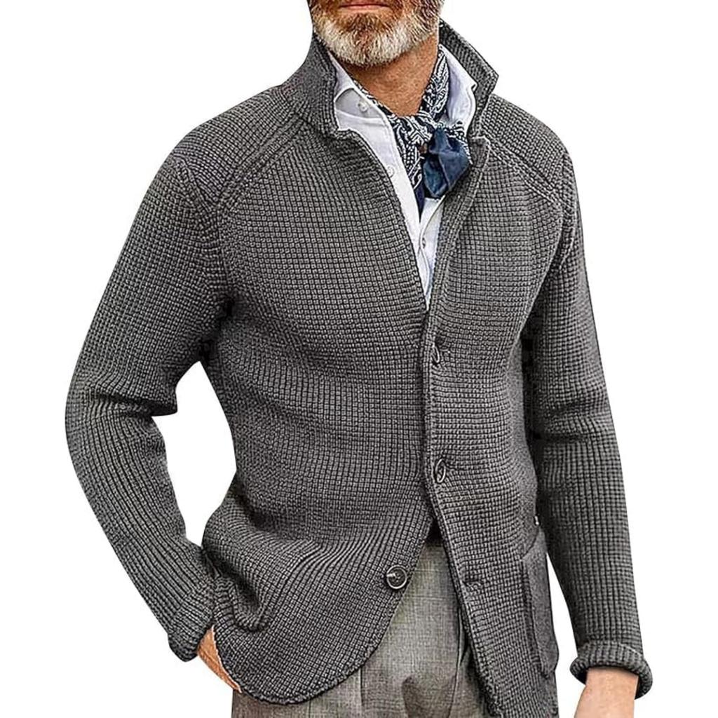 Men's Casual And Trendy Solid-color Warm Sweater Jacket, Men's Long-sleeved Button-up Stand-up Neck Knitted Sweater