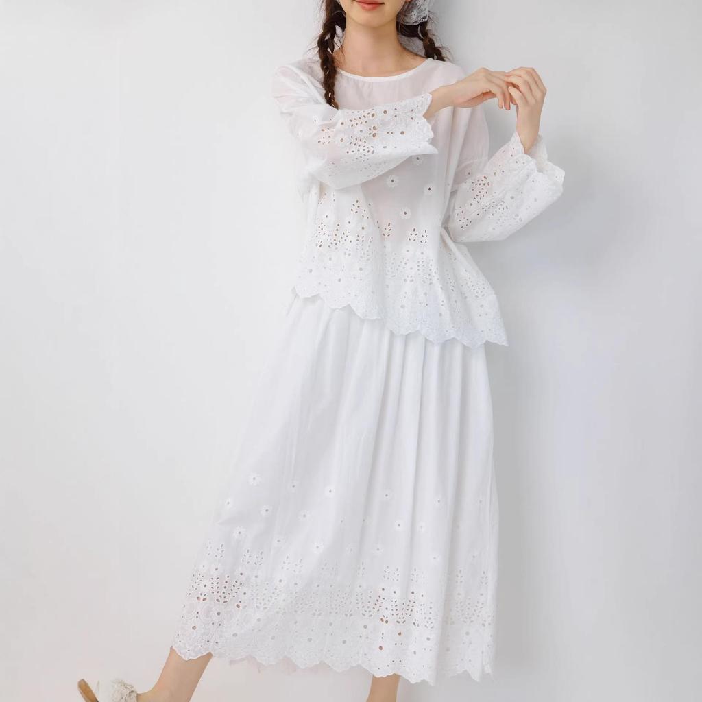 Japanese Literary Embroidered Lace Long Sleeve T-shirt & Skirt Set - Women's Pure Cotton Casual Fashion