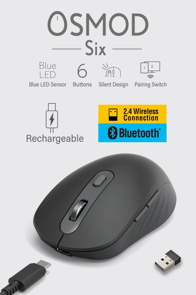 ELECOM OSMOD Six Wireless Mouse, Quiet, Rechargeable, Bluetooth and 2.4GHz Compatible, Multi-Pairing, Connects Up To Two Devices, 6 Buttons, Black,