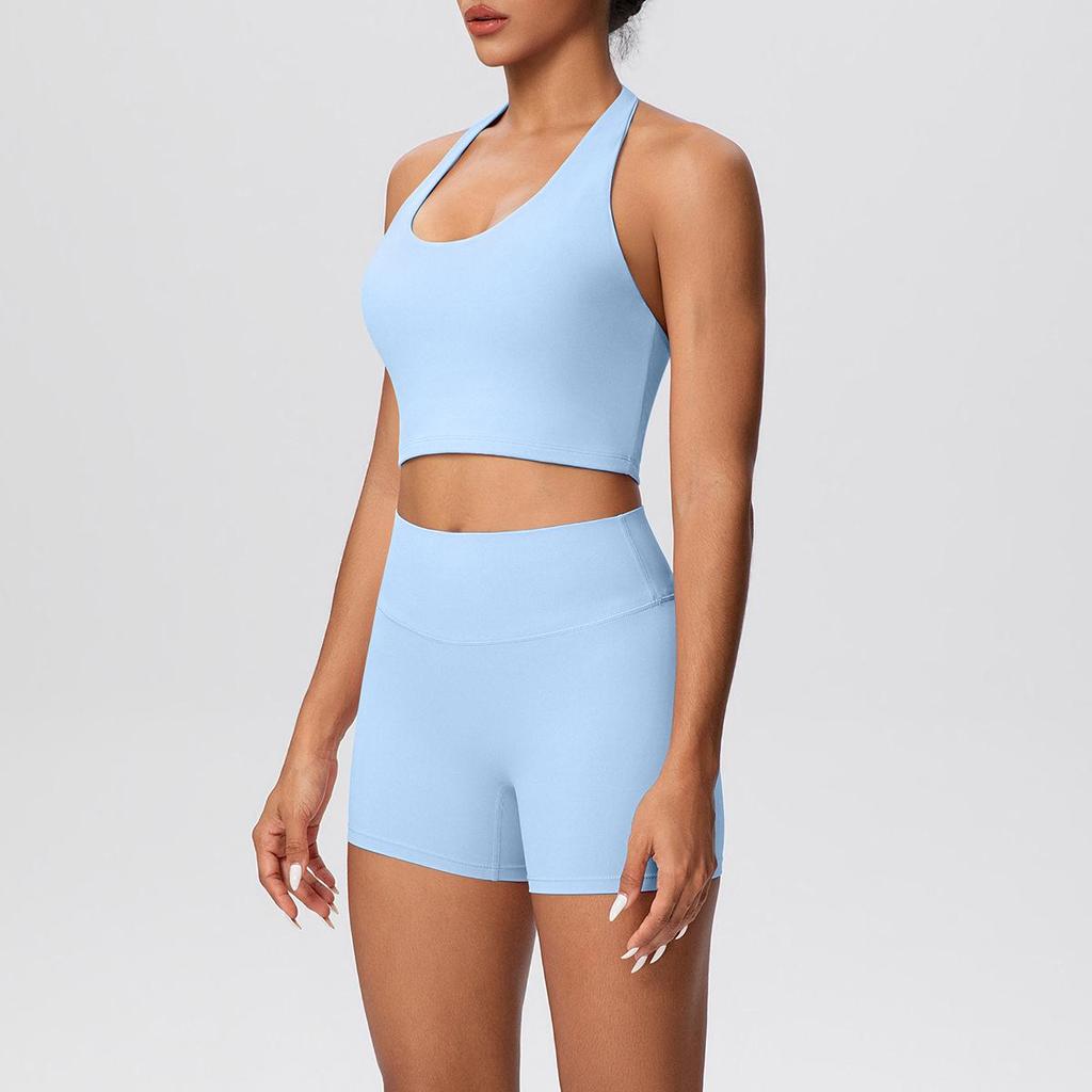 Solid Color Halter Sports Bra & Shorts Fitness Set