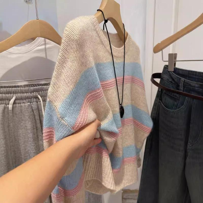 Beauty Melts~ Pink and Blue Contrast Color Loose Crew Neck Pullover Striped Knitted Sweater Women's Autumn and Winter