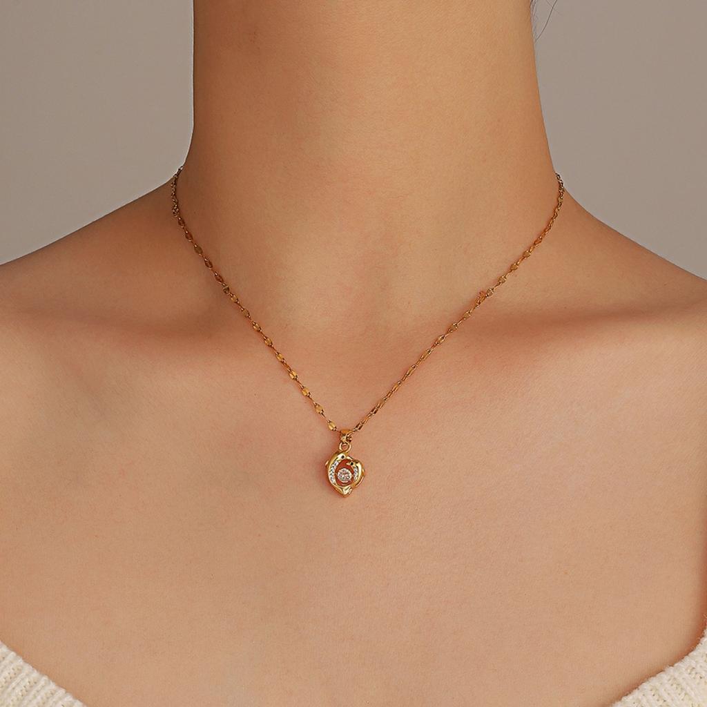 Dolphin Couple Pendant Necklace with Sparkling Stone Center Gold Tone Delicate Chain for Women