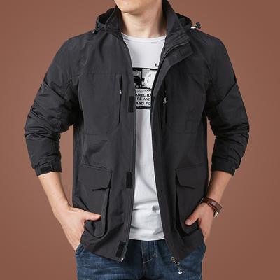 Spring and Autumn Jacket Men's Casual Top Multi-Pocket Hooded Jacket Removable Loose Large Size Solid Color Windbreaker