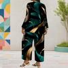 Women Plus Size Printed Round Neck Long Sleeve Layered Top Wide Leg Cropped Pants Two Piece Set
