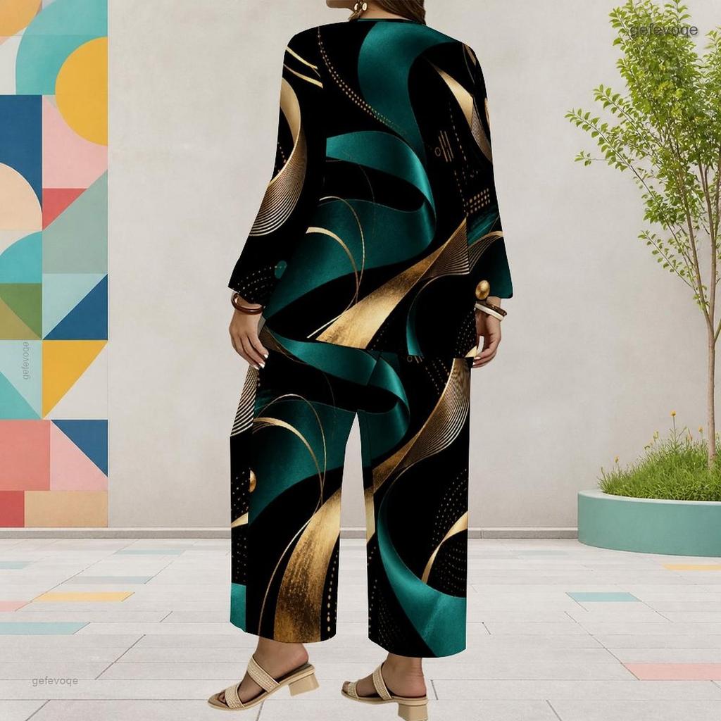 Women Plus Size Printed Round Neck Long Sleeve Layered Top Wide Leg Cropped Pants Two Piece Set