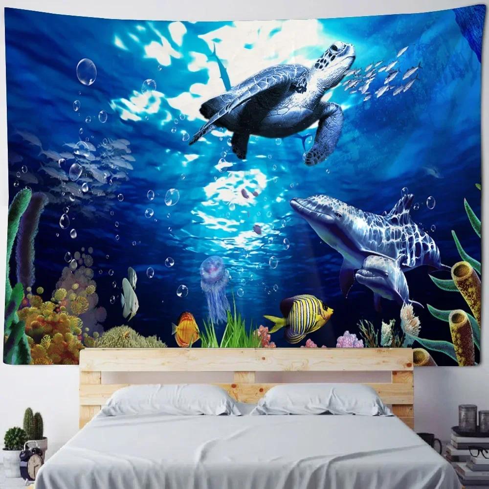 Underwater World Tapestry Wall Hanging Dolphin Shark Seaweed Art Print Tapestry Cartoon Home Sheets Bedroom Wall Decoration