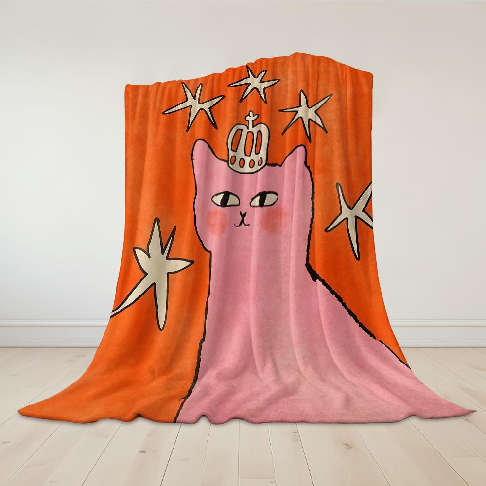Pink Cat With A Crown Flannel Blanket Warm Soft Halloween Christmas Couch Warm Cozy Decorative Decor Gift For All Season