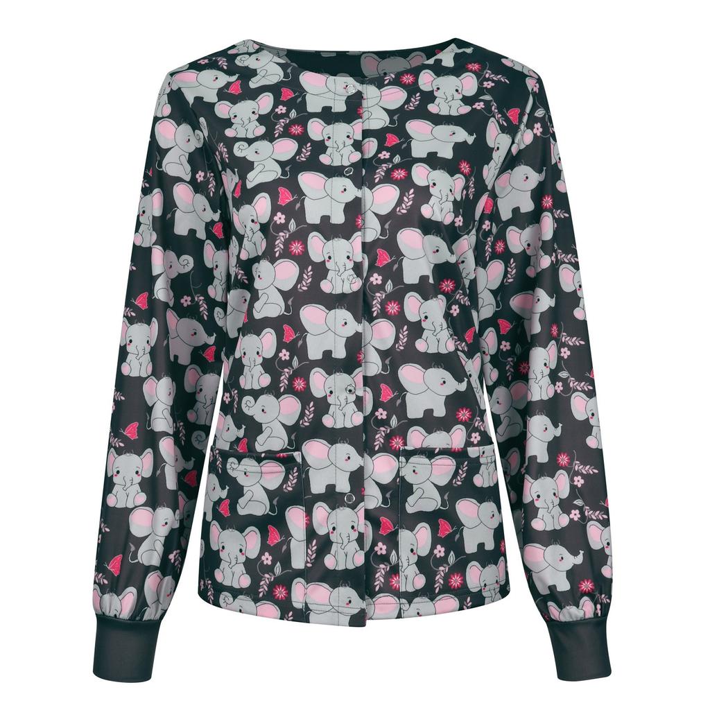 Women Casual Fashion Long-sleeved Stand-up Collar Single-breasted Printed Women's Protective Overalls Jacket Top