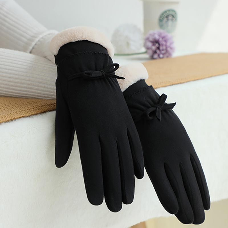 Warm Gloves for Autumn and Winter Women's German Velvet Bow Outdoor Riding Driving Plus Velvet Thickened Cold Proof Touch Screen Gloves