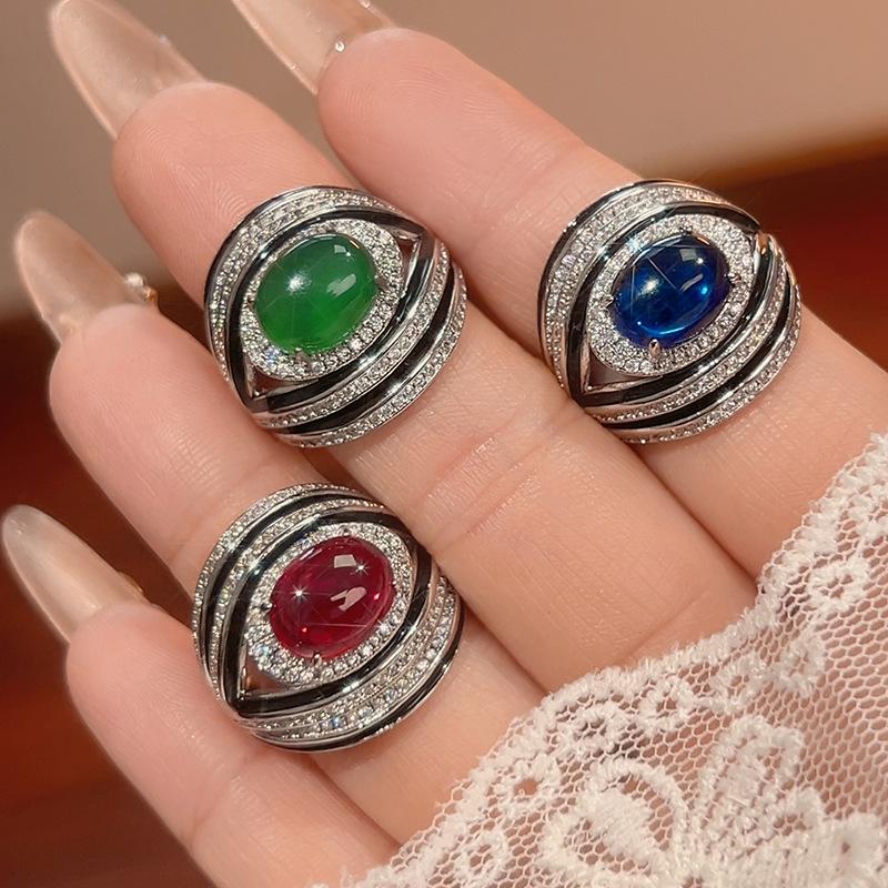Accessories Ring Oval Royal Blue Red Corundum Green Chalcedony Female Vintage Premium