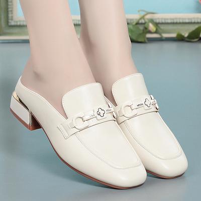 Fashion Mules Sandals Slides Outside Shoes for Women Low Heel Woman Slippers Black Leather 2024 Loafers Square Soft Leather Casual