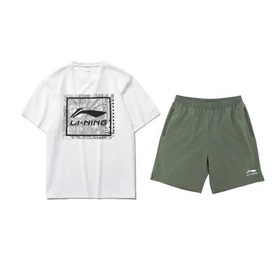 Li Ning Logo Gedruckt Mode Locker Vielseitig Rundhals-Pullover Kurzarm Bequeme Kordelzug-Shorts Lässiger Sportanzug AHSUA15-1+YKSV147-1