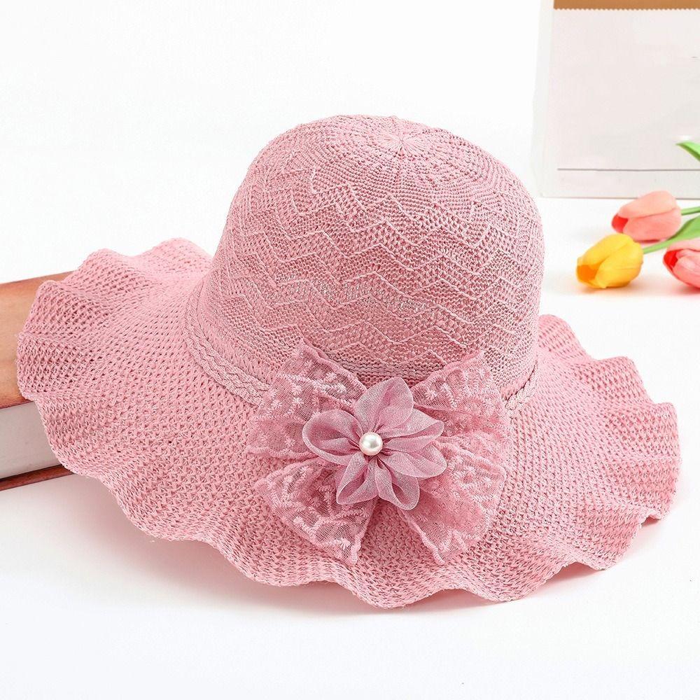 Breathable Wide Brim Straw Hat Adjustable Beach Sun Hat Sweet Ruffle Sun Hat  For Women Girls