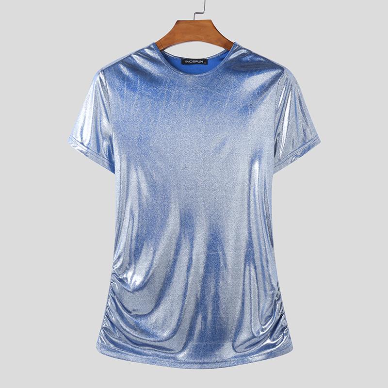 

INCERUN Летние мужские футболки с круглым вырезом и блестками с коротким рукавом, повседневные, нестандартные, топы 4XL синий