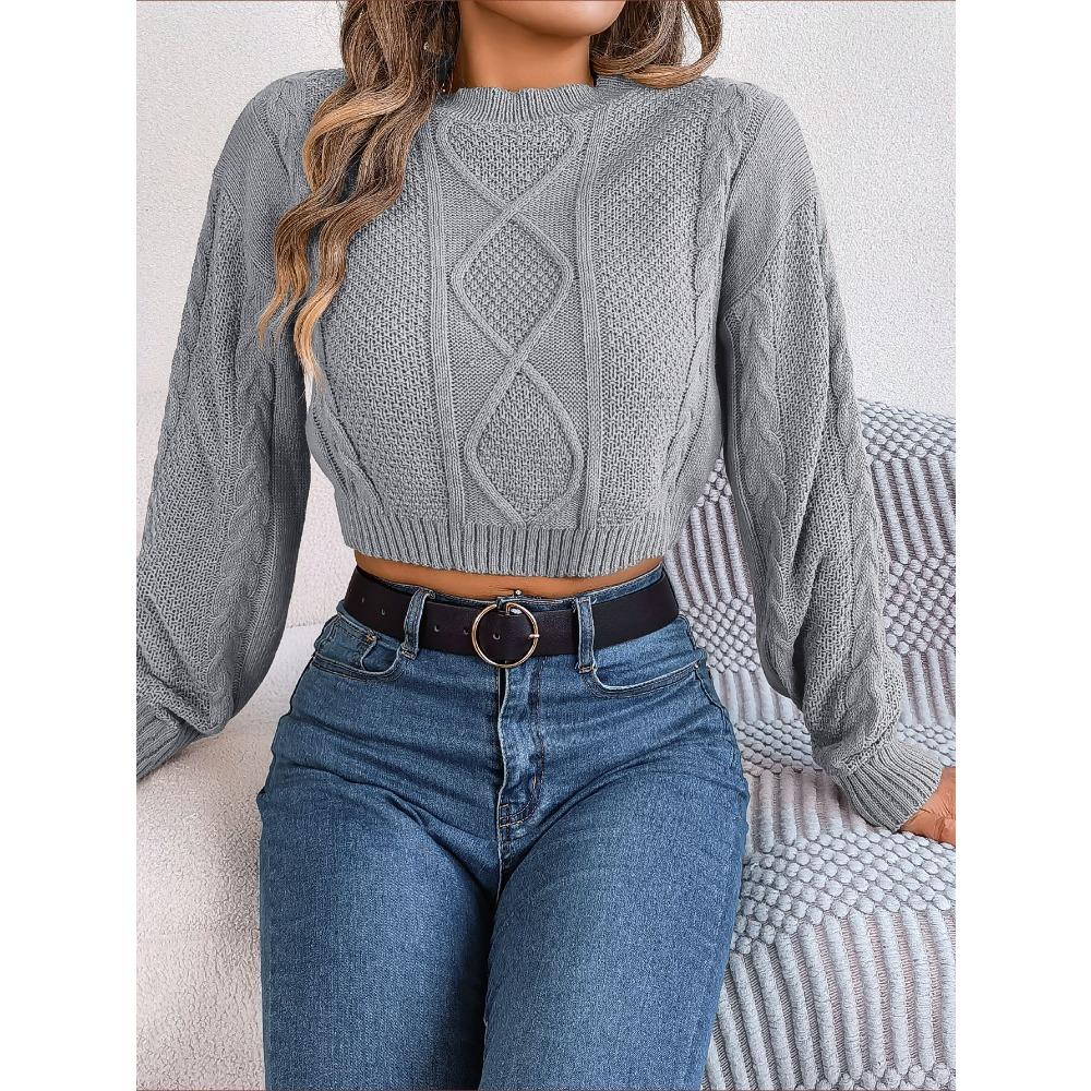 Autumn and Winter Casual Solid Color Twist Long-sleeved Pullover Navel-baring Sweater