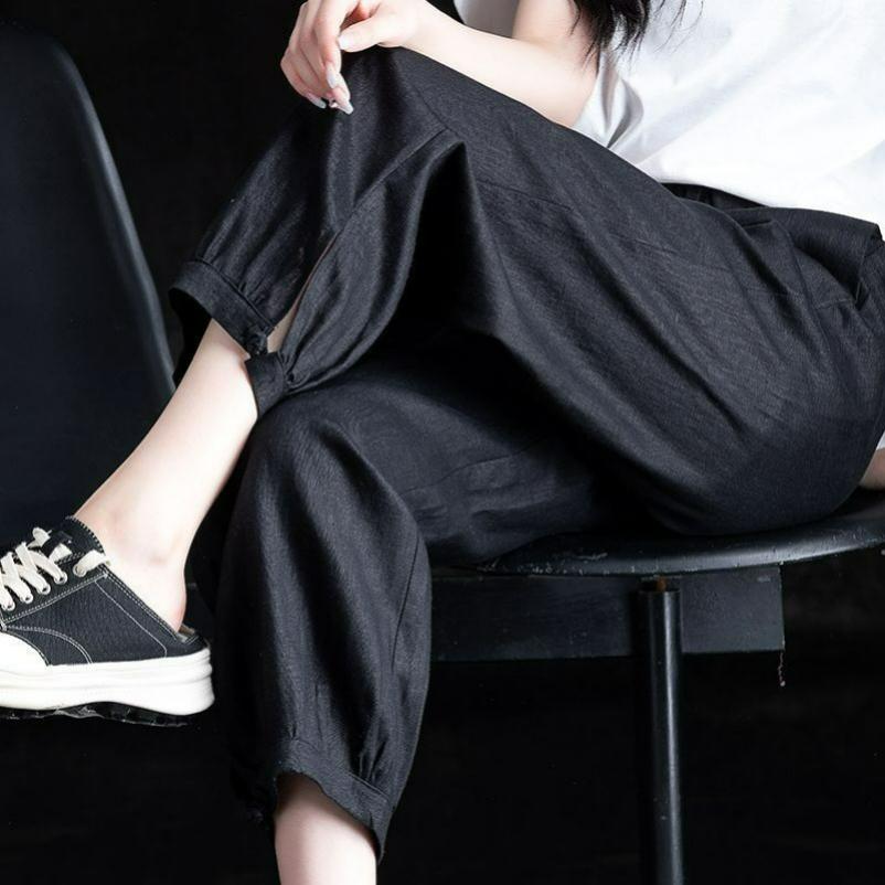 Navy Blue Linen Pants Women's Summer Thin Ice Silk Cotton and Linen Women's Pants Nine-point Harem Pants Loose Bloomers