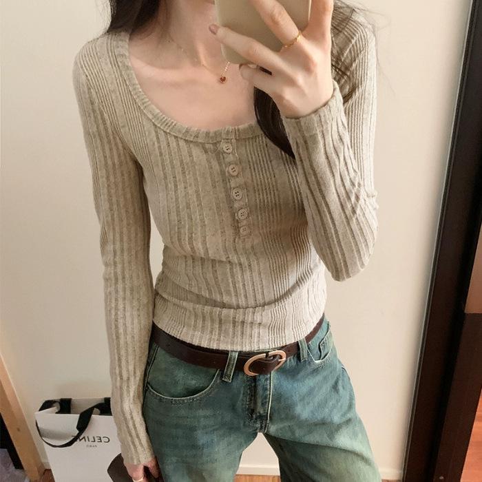 Women's Retro U-Neck Slimming Long-Sleeve Ribbed Knit Top, 2025 Autumn/Winter Collection