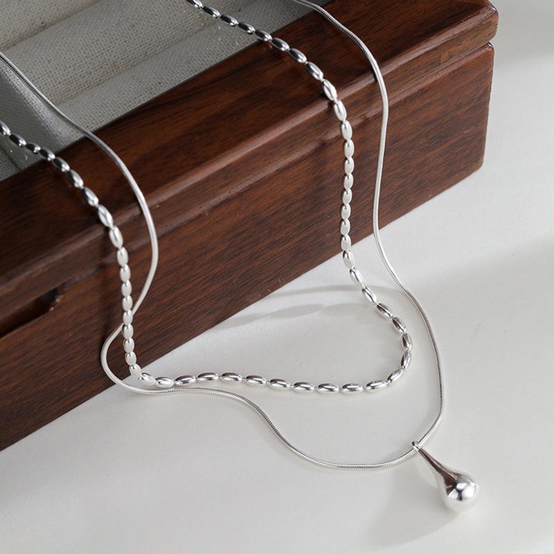 925 Silver Rice Droplet Necklace Simple And Versatile Double-Layer Snake Bone Chain Personalized And Elegant Jewelry 45cm