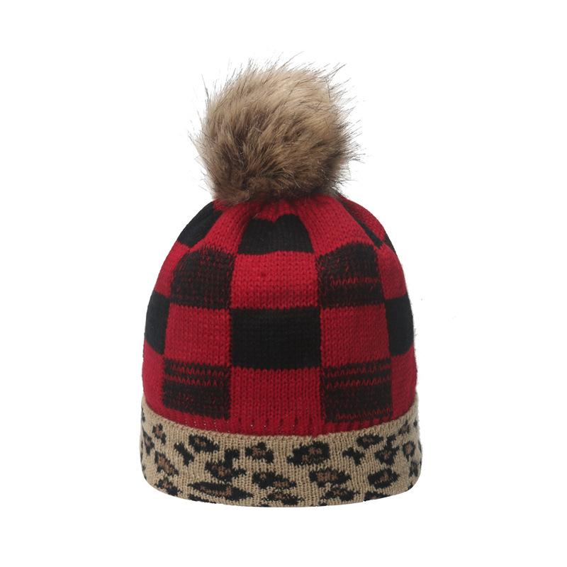 Cross-border Amazon autumn and winter foreign trade explosion hairball knitted hat leopard print plaid wool hat women's warm hat women