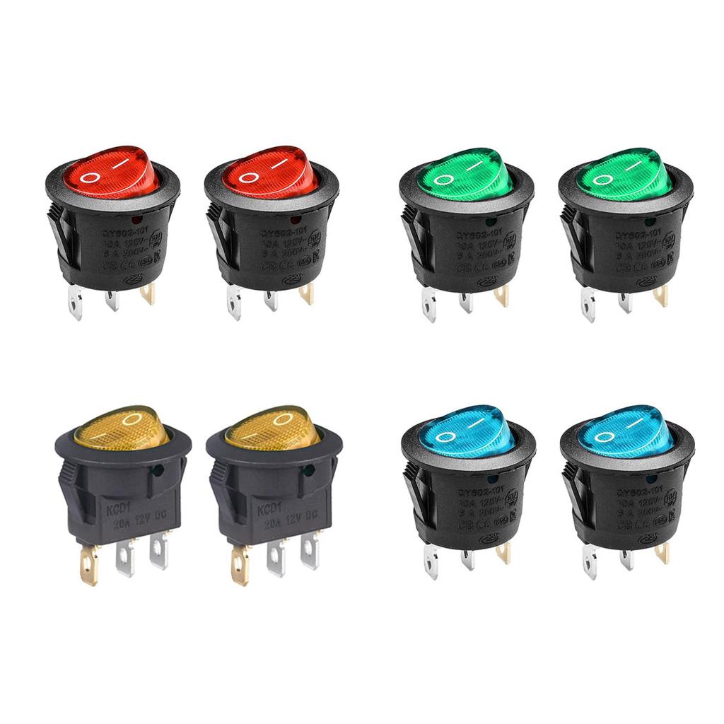 4PCS Round Rocker Switch Light Illuminated On Off 3 Pin 2 Position Mini Switch 125V 10A 250V 6A KCD1 for RV Car Truck Boat Pushbutton Switches 3
