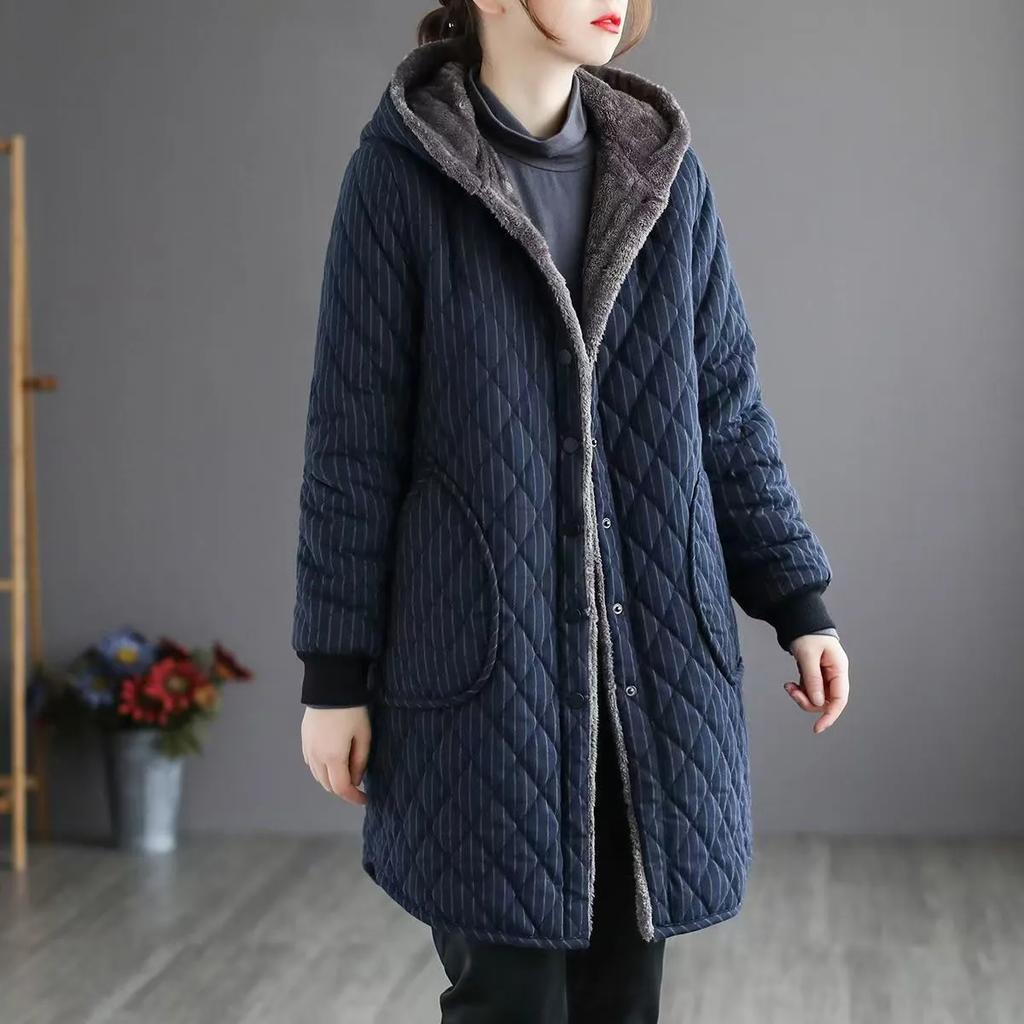 Winter Aunt Padded Jacket Mid-length Hooded Padded Jacket Padded Jacket Women Plus Velvet Thickened Large Size Western Style Overalls