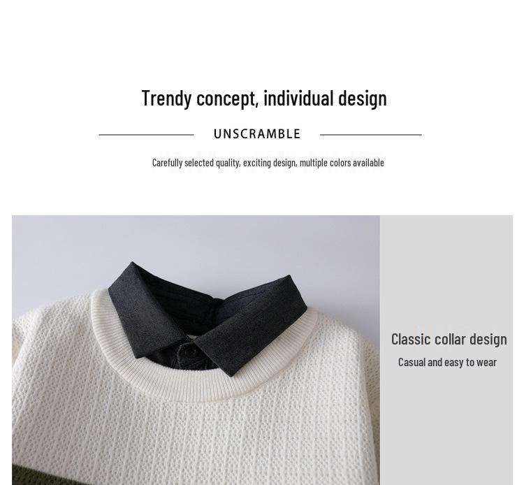 Stylish Men's Faux Two-Piece Sweater with Shirt Collar, Velvet Lining, and Knitted Wool for Autumn and Winter Warmth