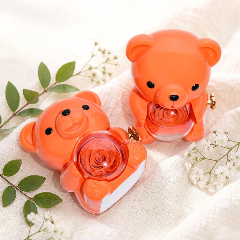 Patented Vibrant Orange Rotating Rose Bear Jewelry Box Flip for Surprise Mini ABS Jewelry Storage Box for Gift Retailers