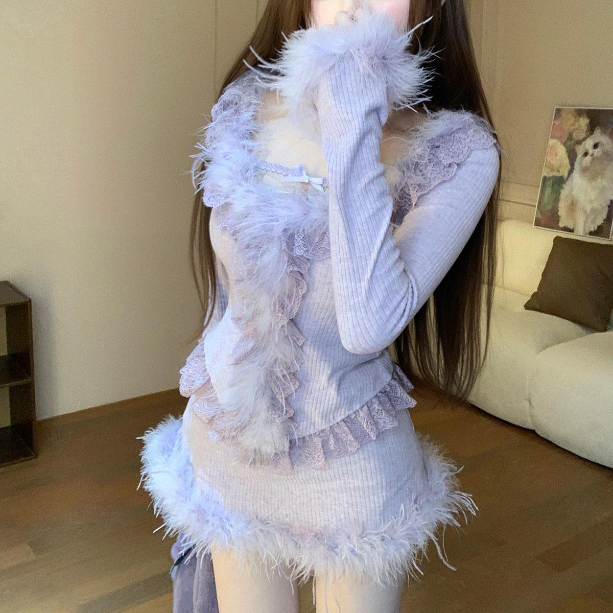 

Zi Heng Ting Xue Autumn/Winter Spicy Girl Fur Patchwork Lace Slimming Long Sleeve Skirt Set XL