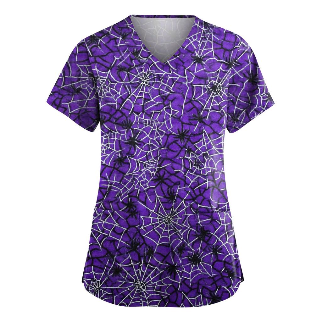 Dámská móda Overaly s krátkým rukávem a výstřihem do V s kapsami Halloweenské potištěné topy Oblečení