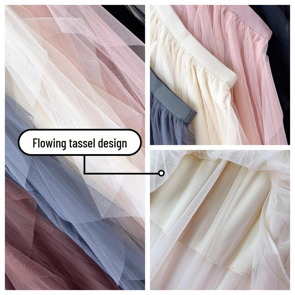 2023 Women's Irregular A-Line Pleated Gauze Skirt with Tassels