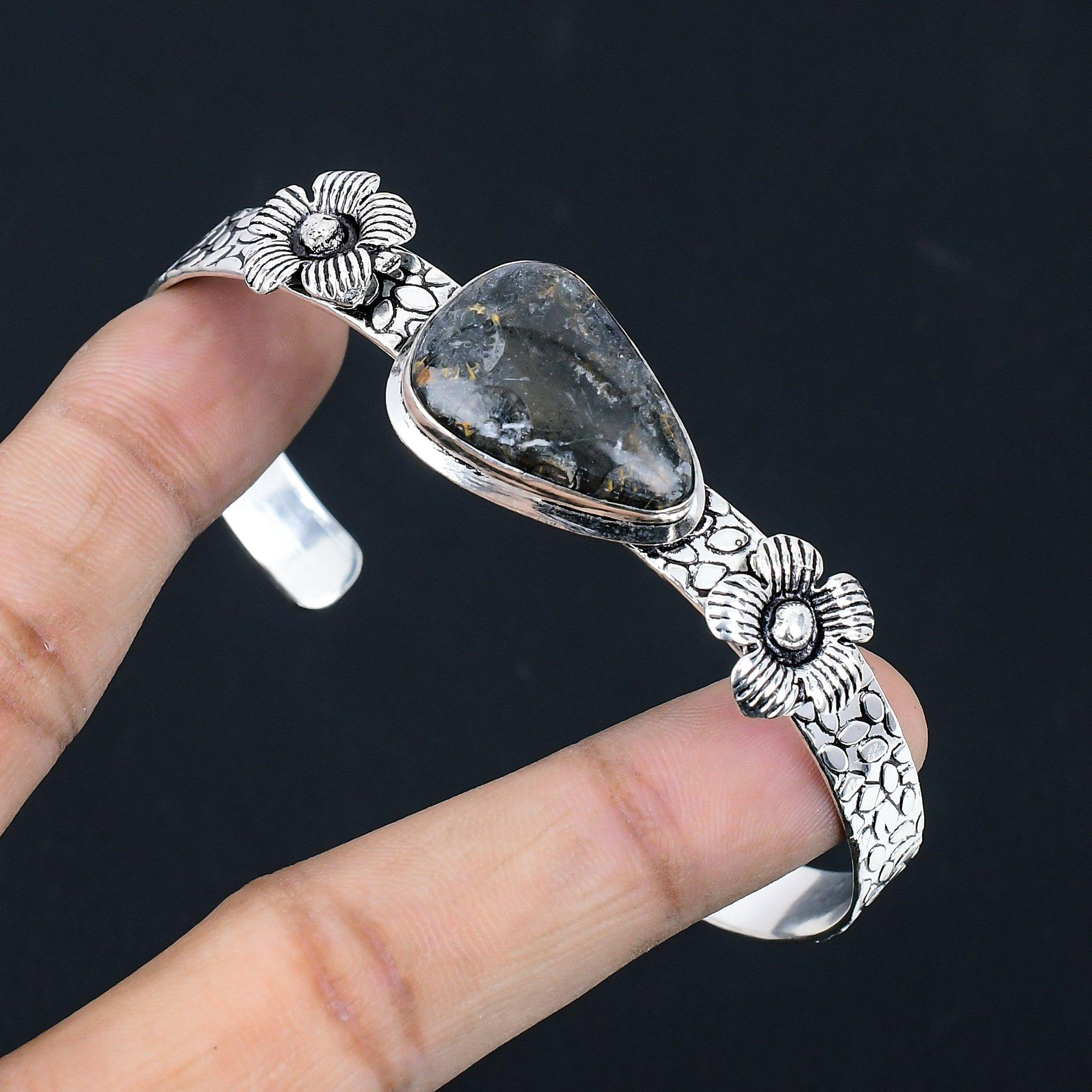 

Sterling Silver Root Chakra Pear Black Fossil Coral Stone Flower Sister Bangle Adjustable