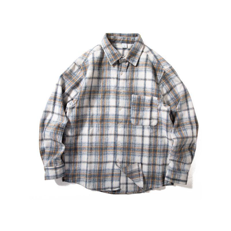 Men's Heavy-Duty Thickened Autumn Woolen Plaid Shirt, Simple Japanese Retro Loose Casual Jacket