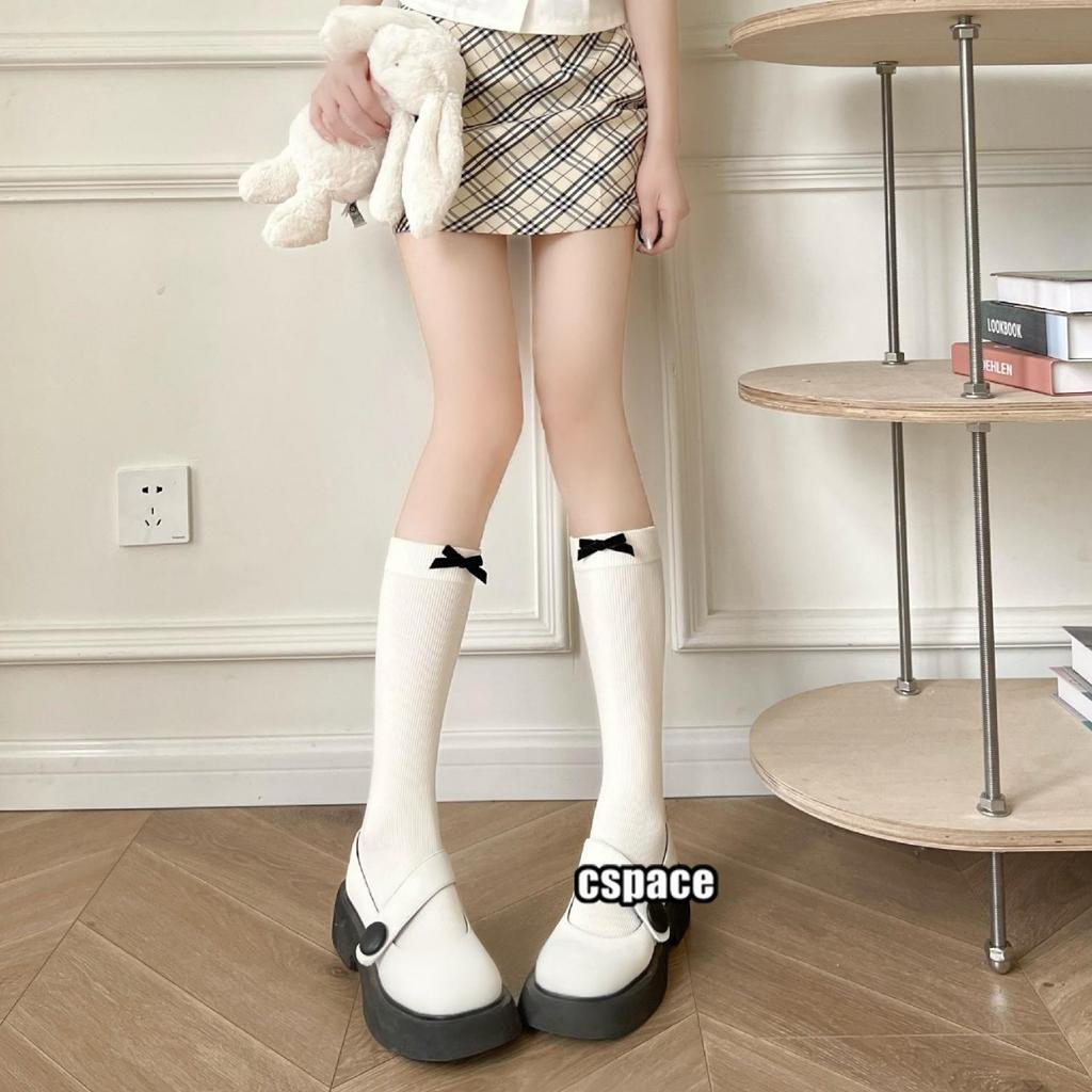 Velvet Bow Ballet Girl Medium Tube Socks Two Wear Pile Socks White JK Socks Lolita Socks Calf Over Knee
