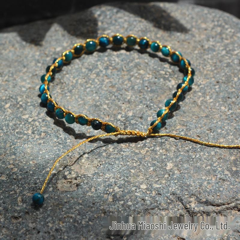 Squisito Bracciale con Perle di Occhio di Tigre Blu da 4 mm con Filo d'Oro - Gioiello Bohemien Regolabile in Cristallo