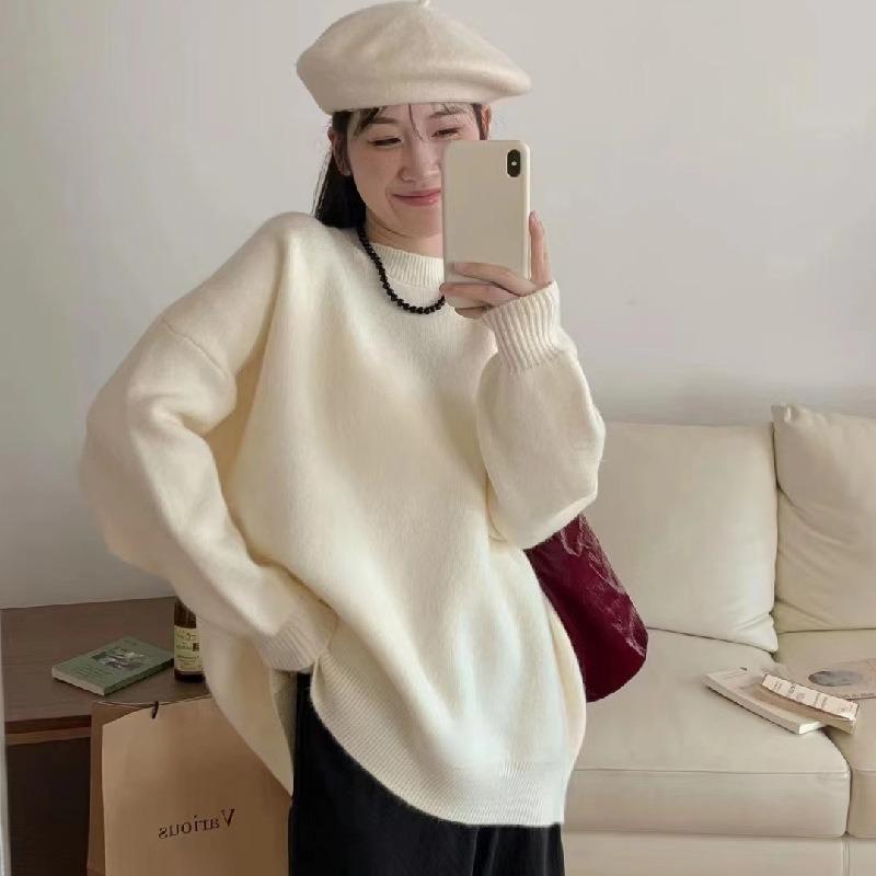 

Women s Loose Round Neck Sweater Pullover Solid Color Hoodie Knitted Top One size fits all бежевый