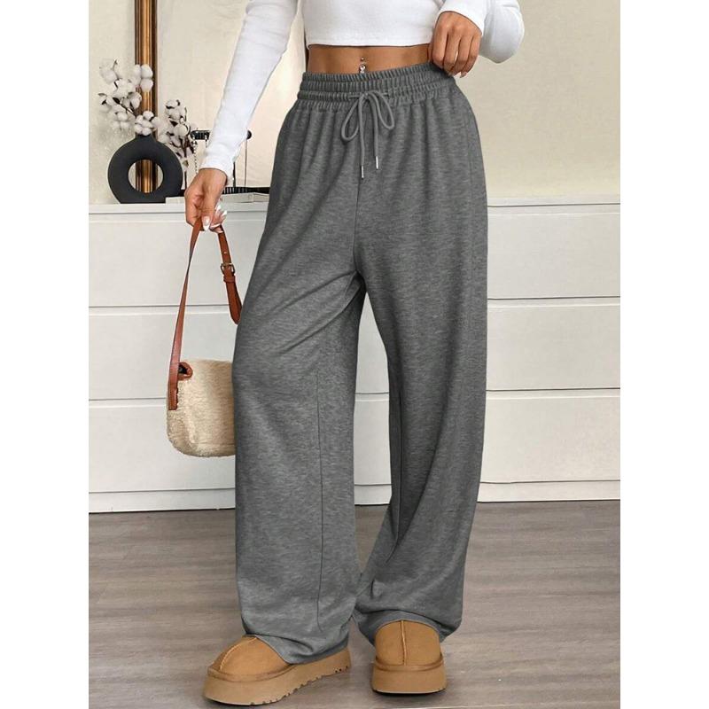Spring Autumn Elastic Waist Drawstring Casual Fashion Wide Leg Pants Women Solid Color All-match Straight Trousers
